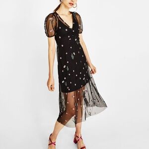 Bershka Black with Floral Embroidery Midi Dress